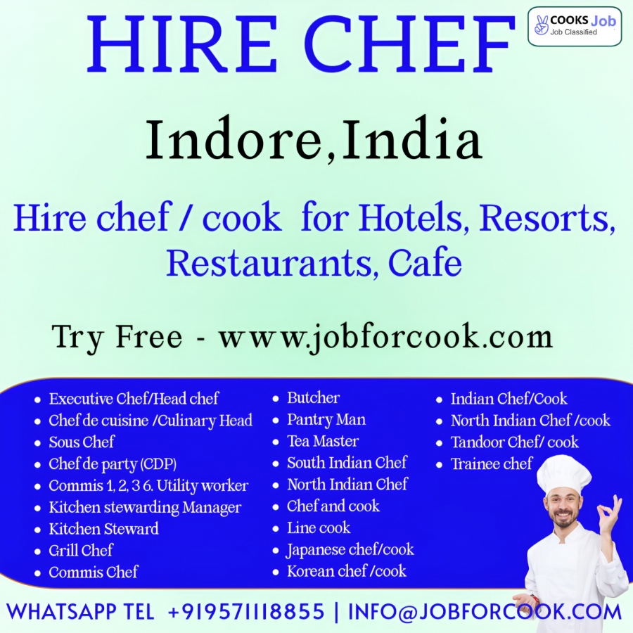 Indore, Madhya Pradesh chef and cooks for hotels and restaurants available. 